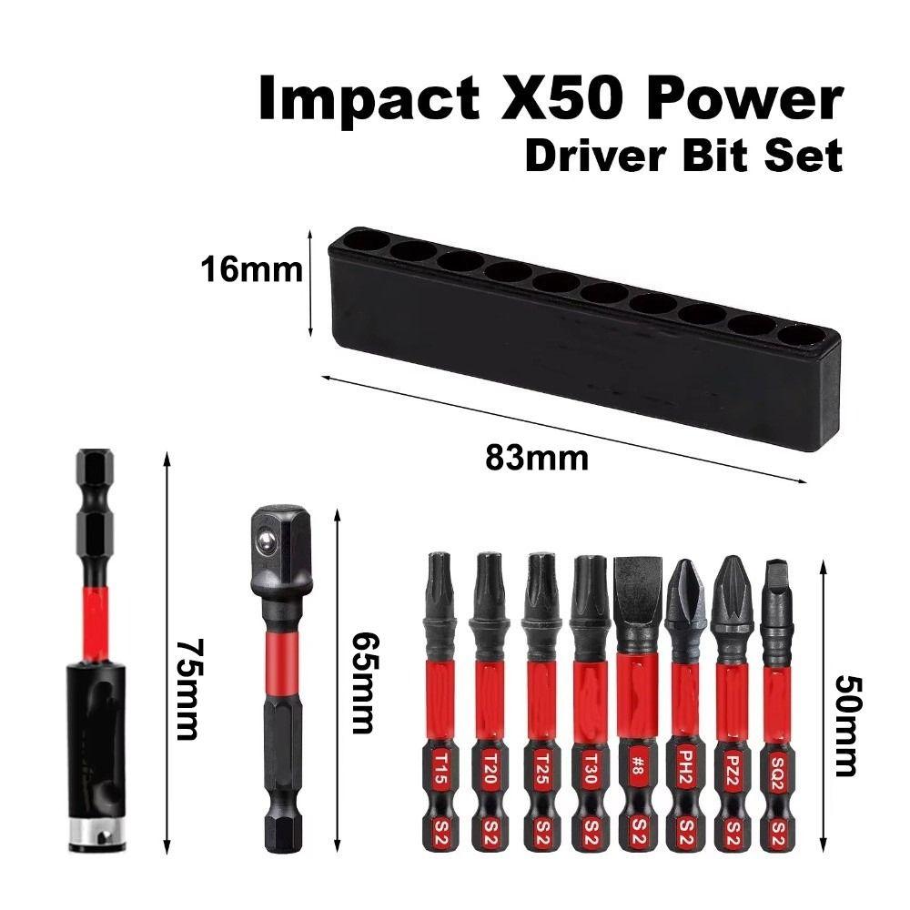 10in1 Mixed 2Inches Impact Screwdriver Bit Impact X50 50-75mm Magnetic S2 Alloy Steel Bit with Storage Organizer Anti-Slip