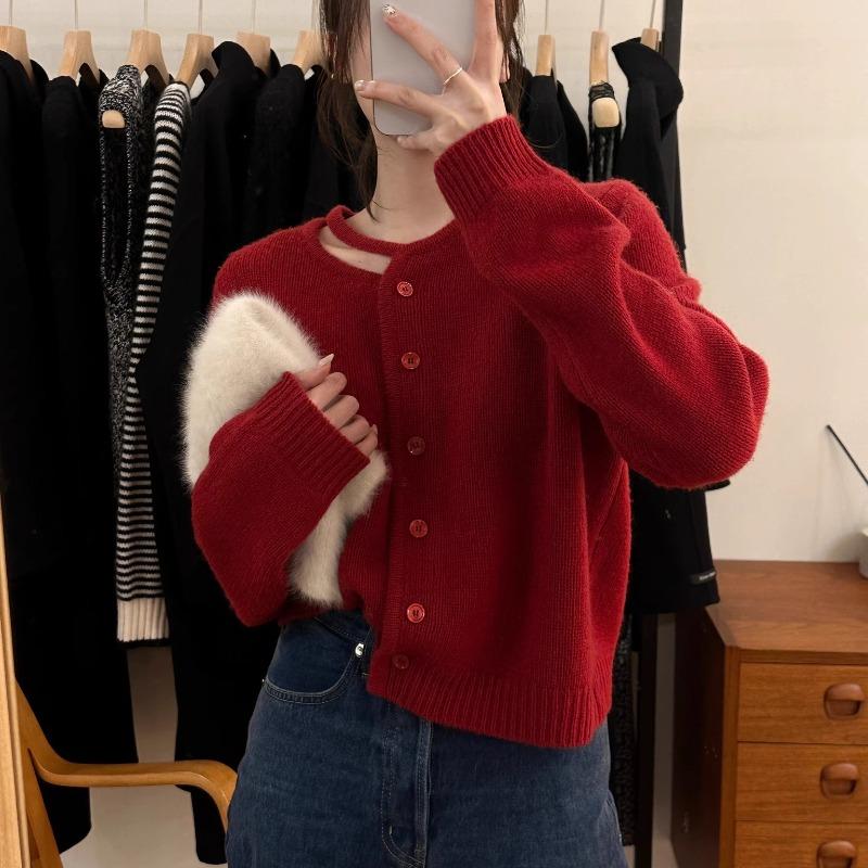 

Новый осенний свободный свитер с круглым вырезом, кардиган для женщин, модный тонкий однобортный зимний вязаный свитер для женщин, однотонные тонкие повседневные кардиганы 25539 One Size красный
