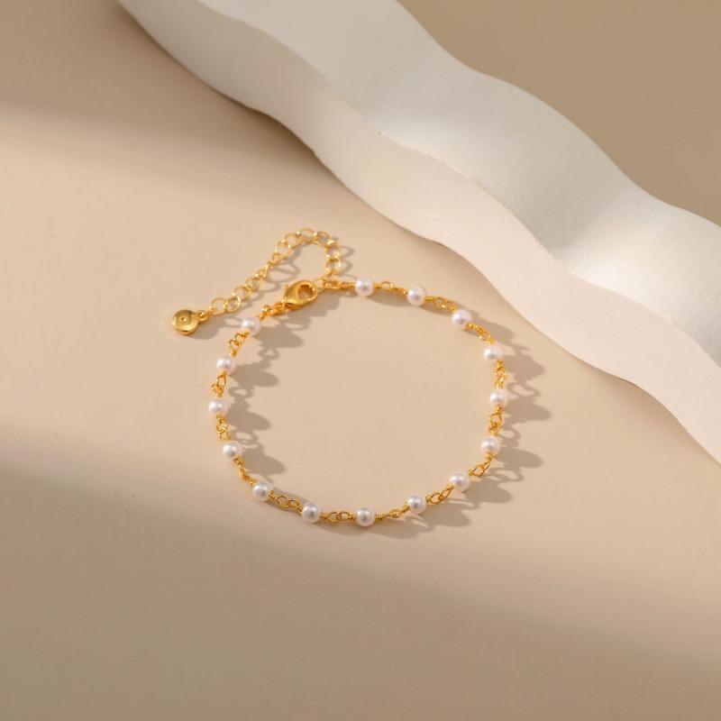 Gold Plated Dainty Spaced Tiny Pearl Bead Anklet With Adjustable Extension Chain золотой