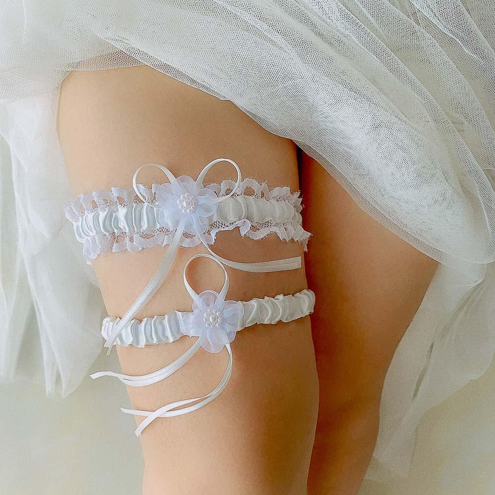SLBRIDAL Sexy Lace Flower Crystal Rhinestones Pearls Bridal Garter Belt Wedding Thigh Leg Garter Ring for Women/Female/Bride