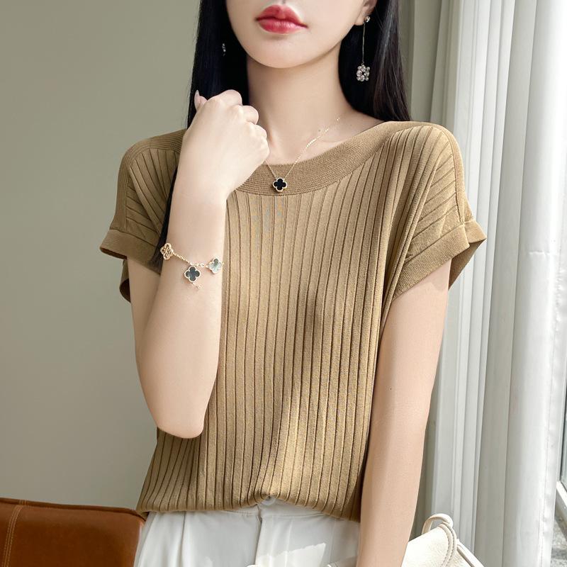 Women's Summer Solid-Color Loose-Fit Knit Top Lightweight Elegant Round-Neck Blouse