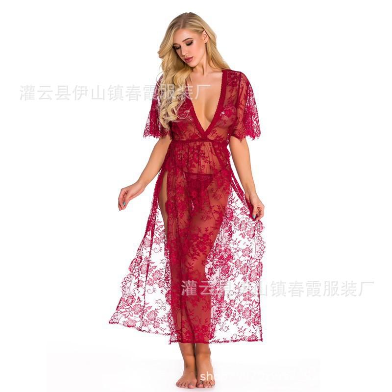 Summer Women's Erotic Underwear Sexy Lace Mesh Perspective Deep V Long Dress Erotic Nightgown Set