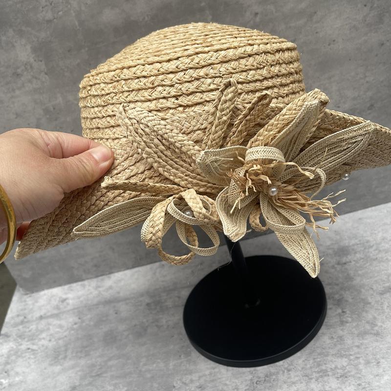 French Handmade Flower Nature Raffia Sun Hats Wide Brim Flat Top Straw Hat Lady Summer Vacation Sun Protection Beach Hat