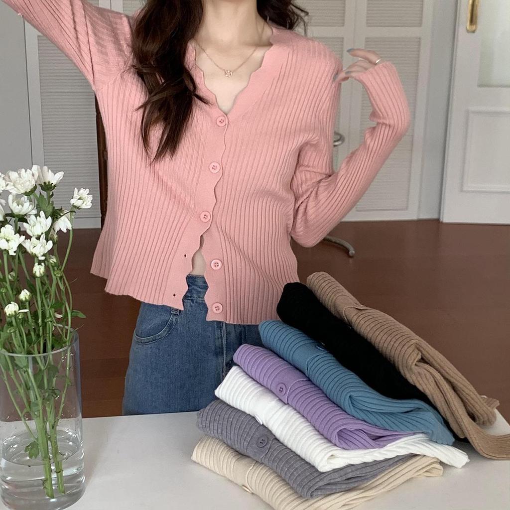Autumn Korean V-Neck Slim Fit Core-Spun Yarn Cardigan Sweater for Women