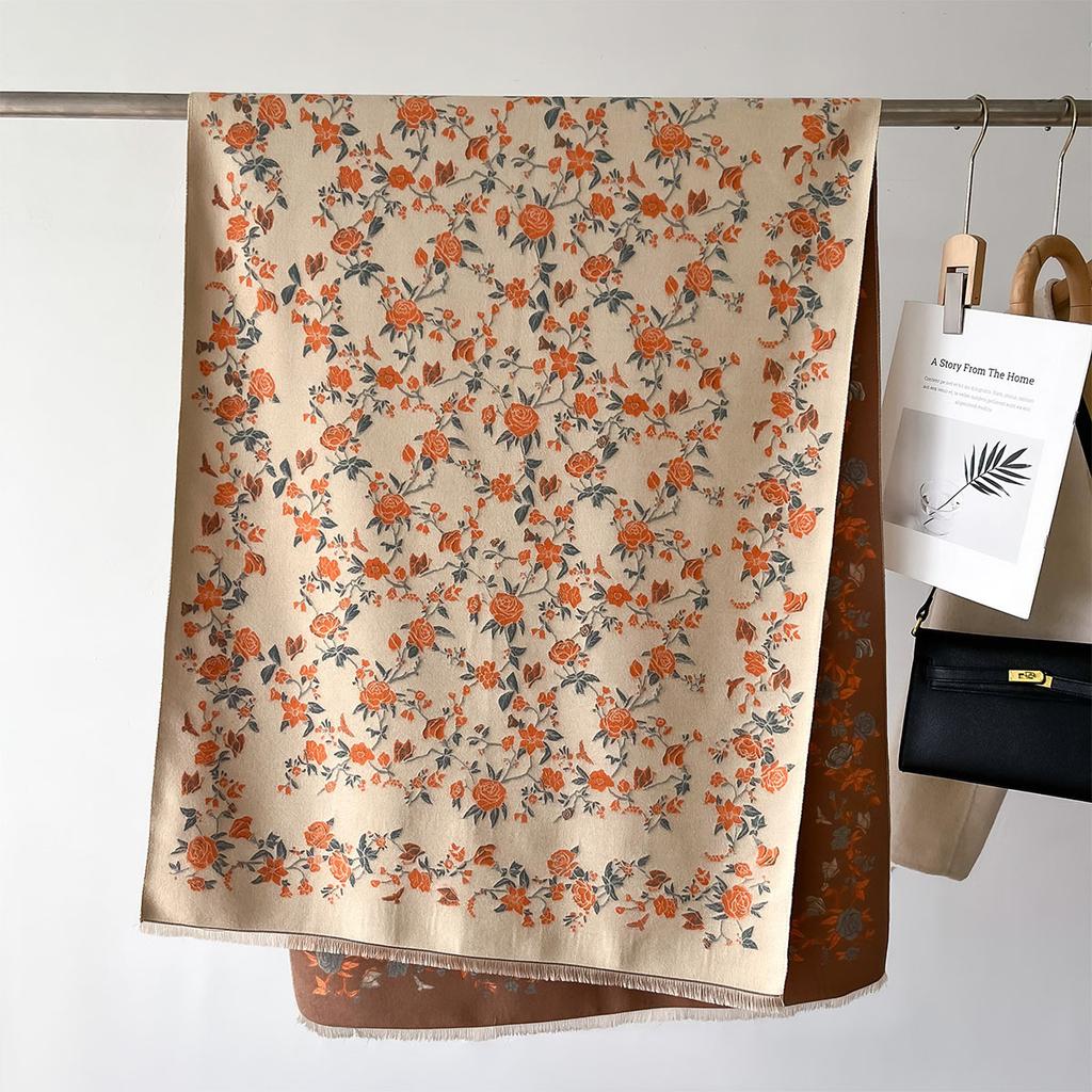 Double Sided Warm Thick Long Scarf Winter Women Flower Printing Tassel Scarves Elegant Shawl For Mom Gift Cashmere Imitation