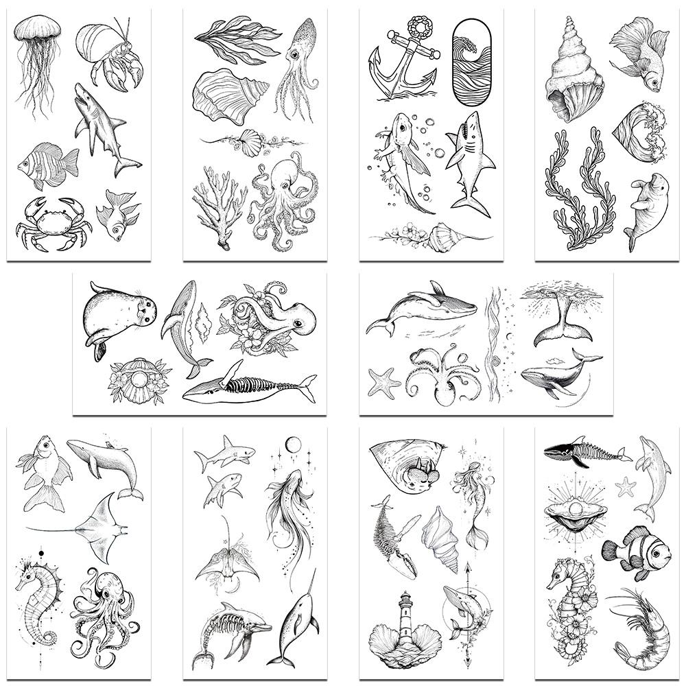 

10 листов океан минималистские акулы морские коньки медузы татуировки наклейки для лица руки тела временные татуировки наклейки детские игрушки подарки