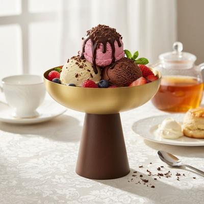 High Feet Stainless Steel Dessert Cup Large-caliber Stable Base Ice Cream Cup Corrosion-resistant Wood Handle Fruit Salad Bowl