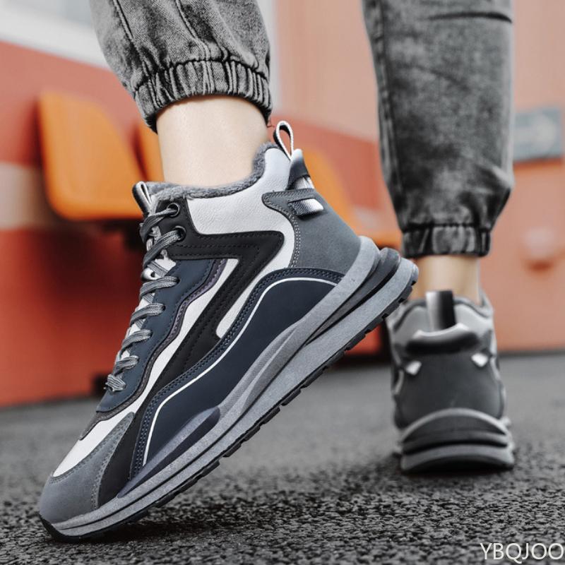New Men's High Top Warm Thick Sole with Plush Dad Shoes, Versatile Sports Men's Casual Color Blocked Vulcanized Cotton Shoes