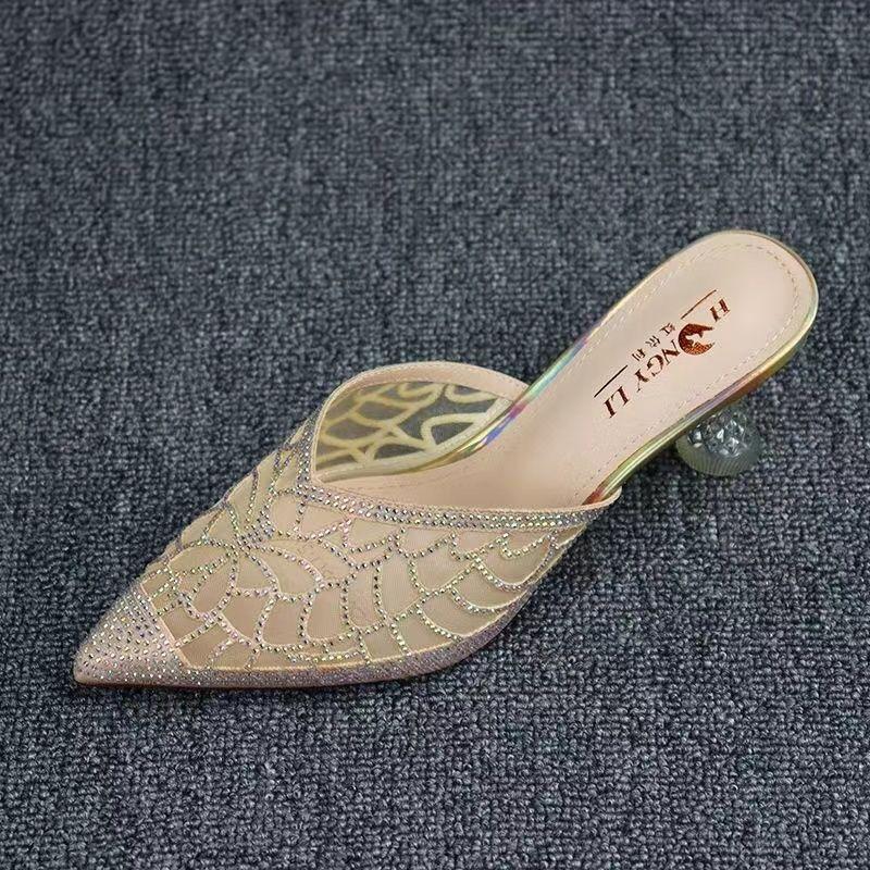 Fashion FHC 2024 New Microfiber Leather Rhinestone Hollow Out Slides,Women Slippers,Summer Shoes,Close Pointed Toe,Slip On,Gold,Dropship
