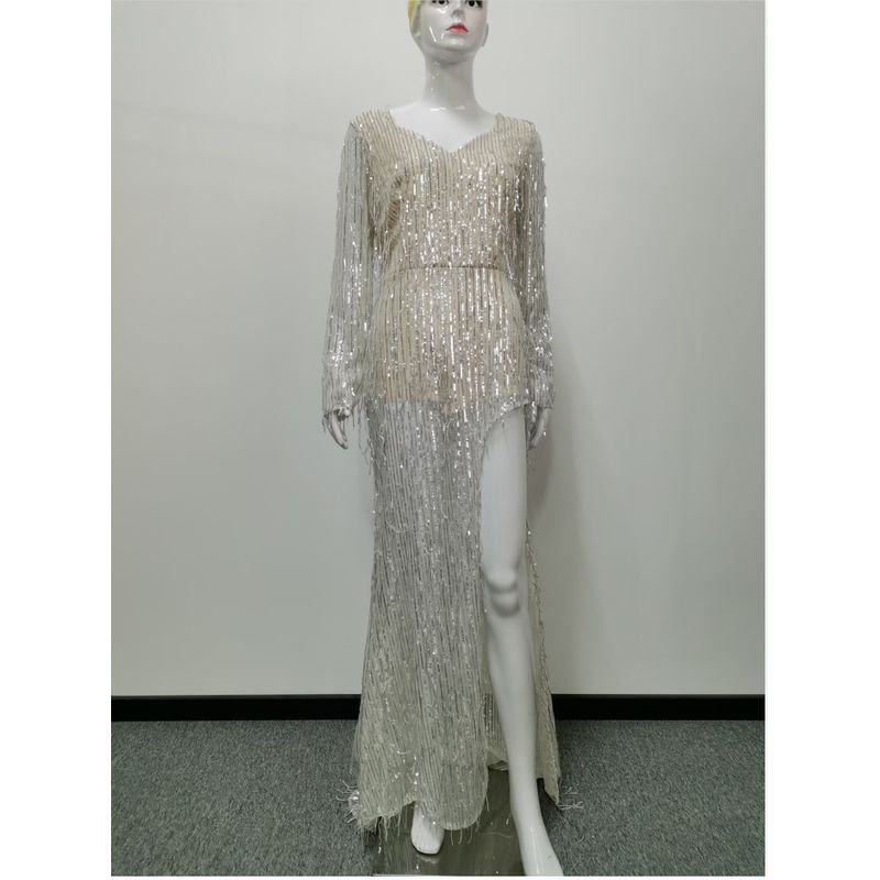 Women Sexy Party Evening Dress Women's Sexy Sequin Long Sleeves Banquet Dress Large Swing Dress