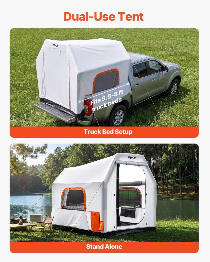 Inflatable Pickup Truck Tent, 2.2 x 1.65m 3-Season Truck Bed Tent with Ventilated Mesh Windows, PU2000mm Waterproof Pickup Camping Tents for Outdoor