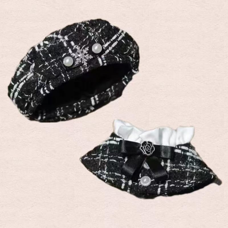 Tweed-Barett & Umhang für 15cm Puppe, Schwarzer Poncho, Hut, Umhang und Schal Set, Karomuster [Gebraucht]