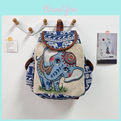 Ethnic Style Embroidered Elephant Canvas Backpack With Drawstring Closure For Casual Travel And Daily Use