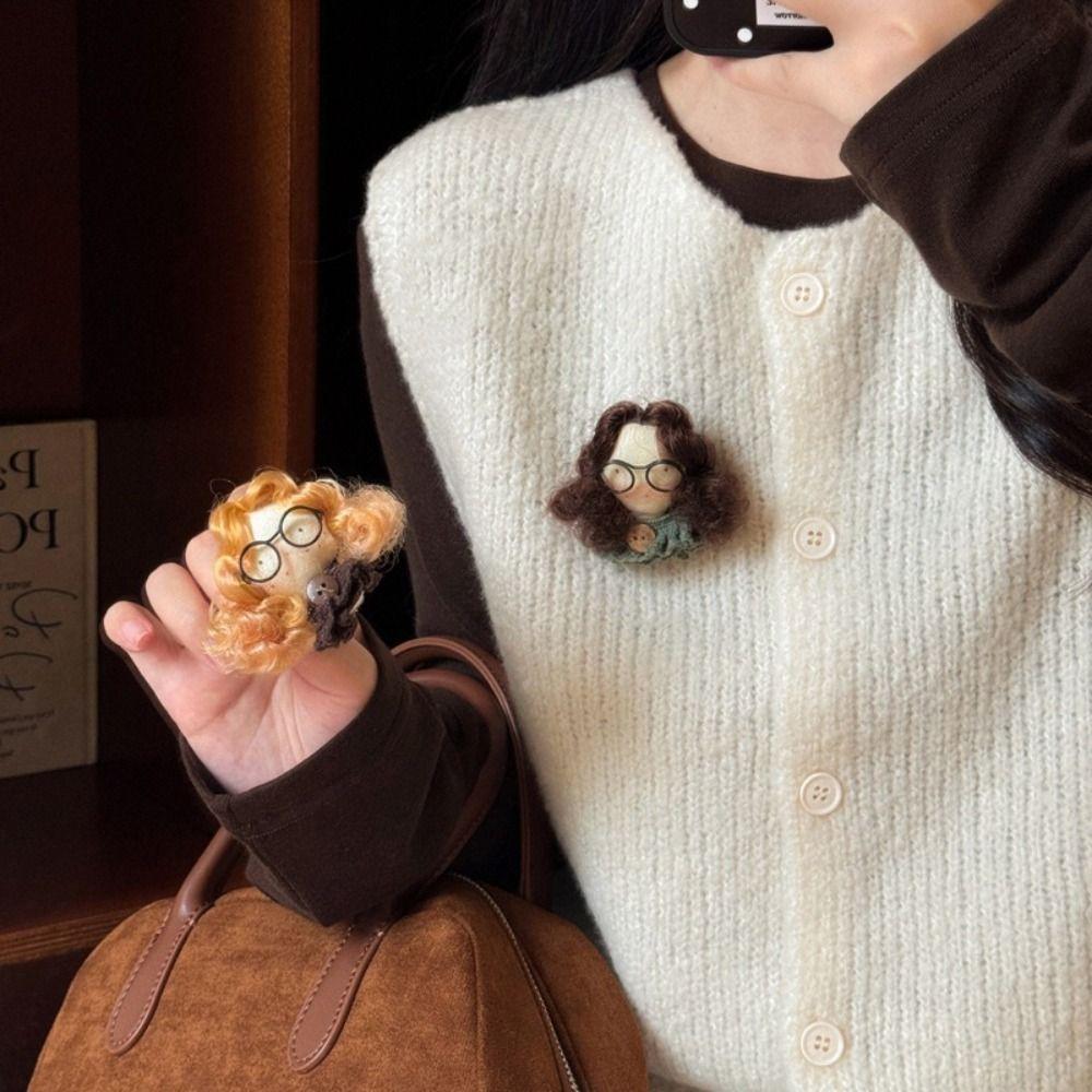 Curly Hair Girl Cloth Fabric Brooch Plush Doll Cute Cartoon Sweater Pin Retro Pin Accessories Little Rabbit Brooch Gift