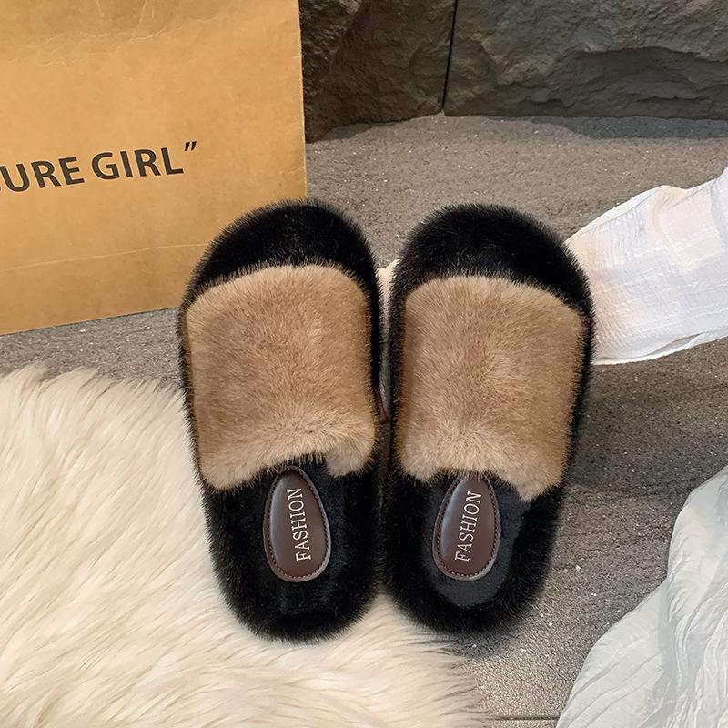 

Versatile thick-soled fluffy slippers for women s outer wear 2025 autumn new high-end fashion plush one-word cotton slippers 35