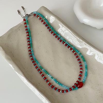 Retro Atmosphere Red And Blue Beaded Necklace Female Niche Design Unique Personality Versatile Neck Chain Collarbone Chain