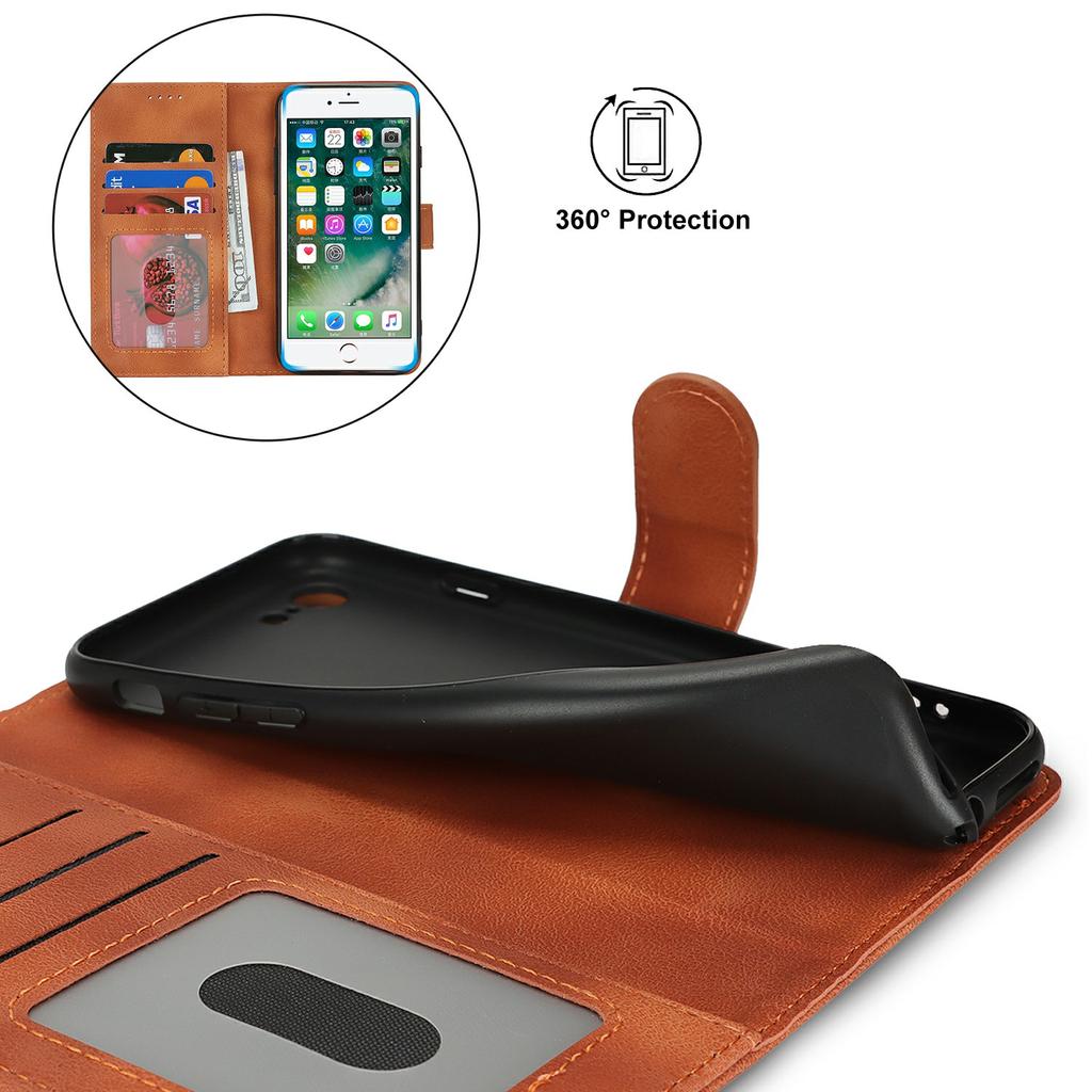 Wallet Case for iPhone SE (2022)/(2020)/8/7 Double Folded Edge Skin Touch PU Leather Flip Phone Cover