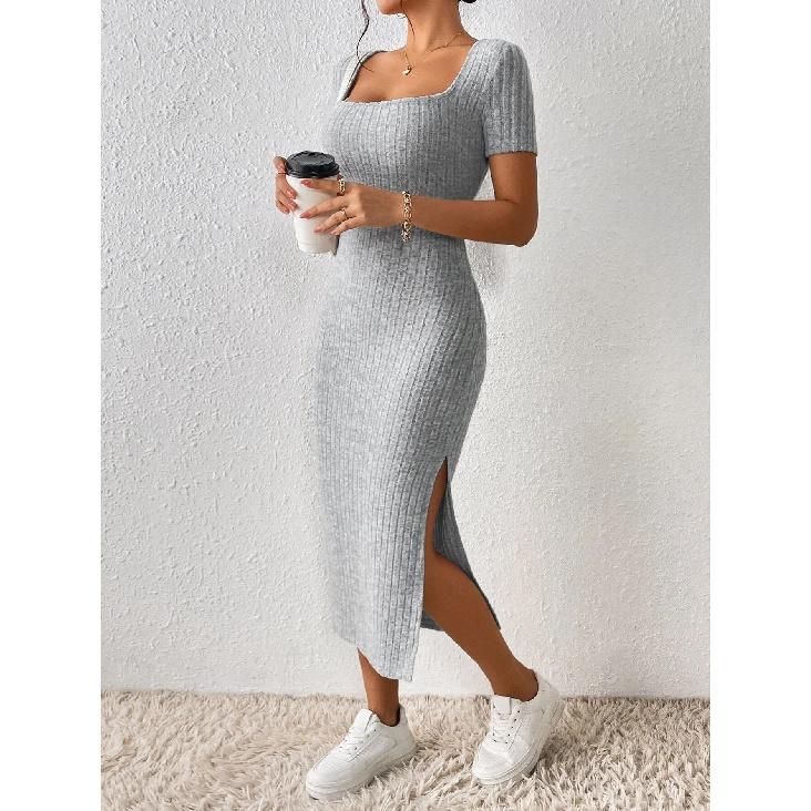 Women Spring Summer Style Knitted Dress Lady Casual Short Sleeve Square Collar Side Slit Dress Vestidos XS