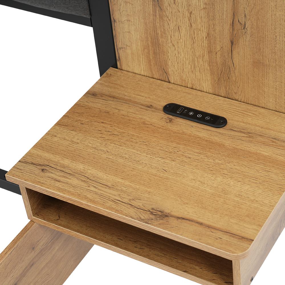 Upholstered Bed 180x200, Reading Lamp, USB C Nightstand and Storage Bench, Slatted Frame Made of Metal, Wood and Linen, Oak (Without Mattress)