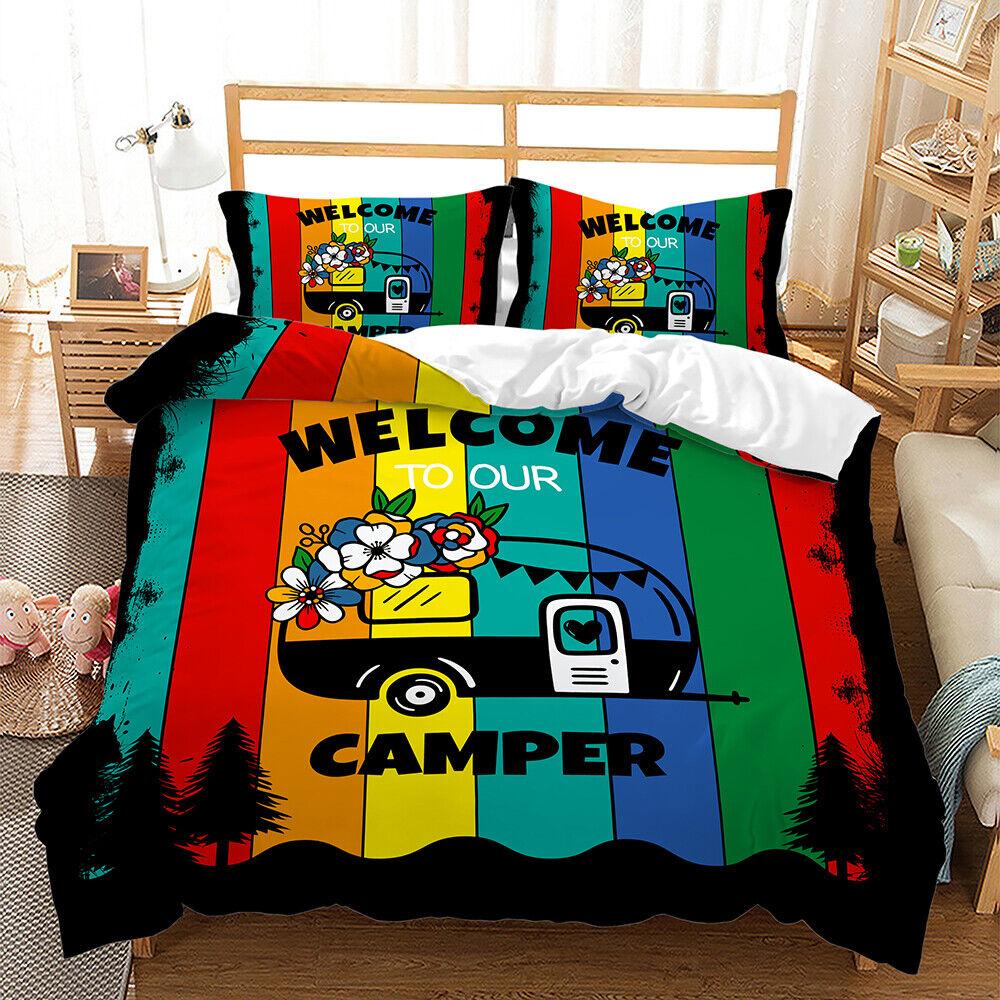 Exploring Wild Camp Happy Camper Striped Camping Doona Duvet Quilt Cover Bed Set