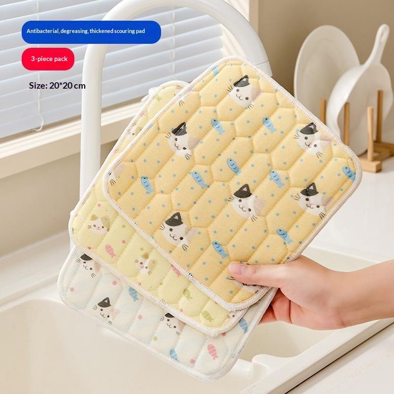 3Pcs Antibacterial Wood Fiber Dish Cloths Thickened Scouring Pads Non-Stick Oil Strong Stain Removal Kitchen Cleaning Cloths