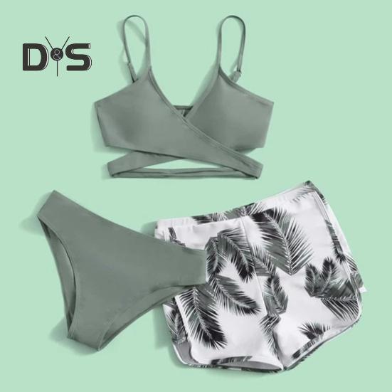 3dílná sada plavek s ramínky, podprsenkou s výstřihem do V a středním pasem, sada plavek, jednobarevné bikiny s kraťasy s potiskem peří