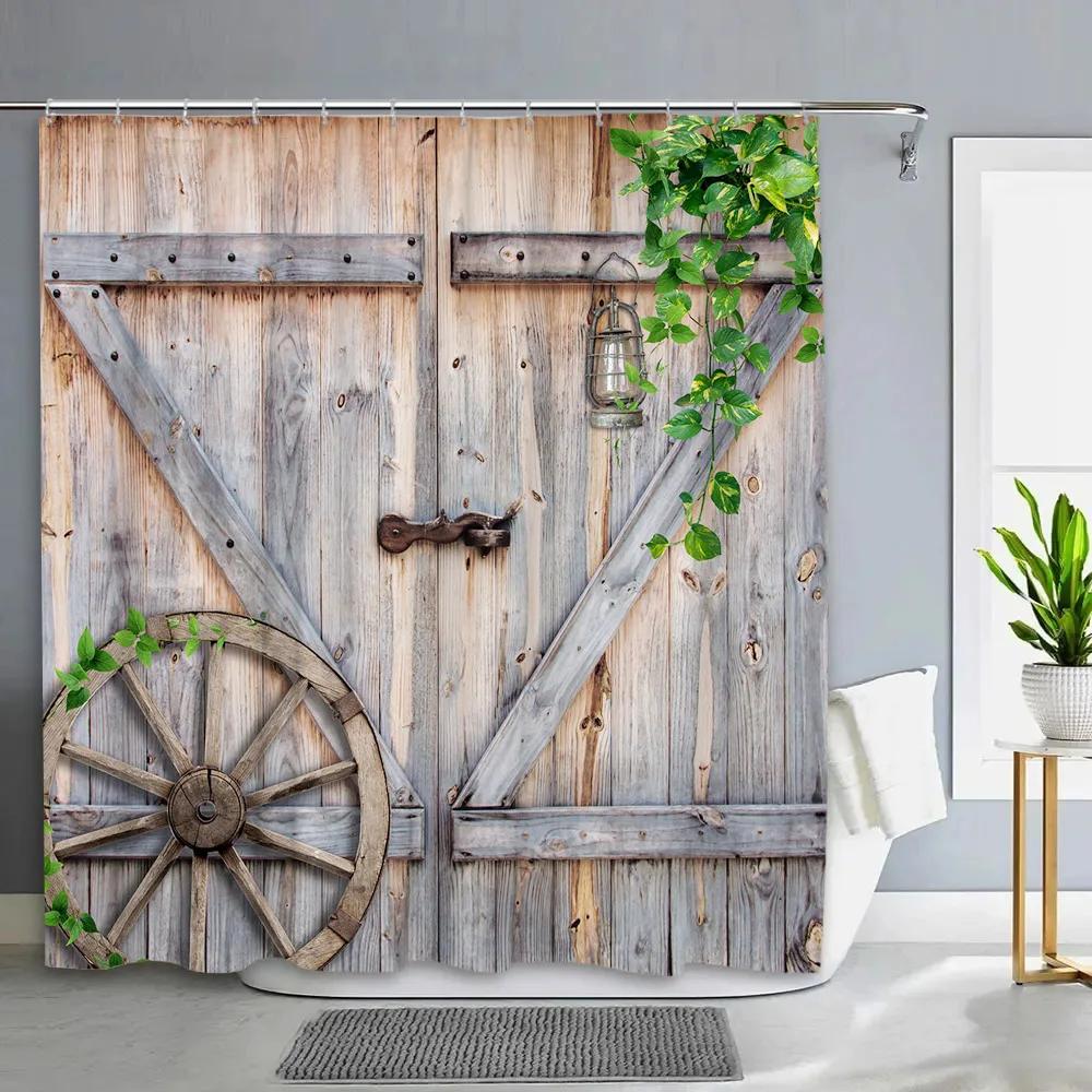 Vintage Rustic Wood Panel Shower Curtain Barn Door Floral Botanical Green Leaf Barn Farm Polyester Fabric Bathroom Decor Curtain