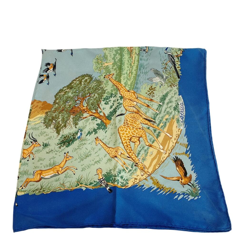 Hermes African Animal Pattern Silk Calle 90 Scarf Blue Silk Used