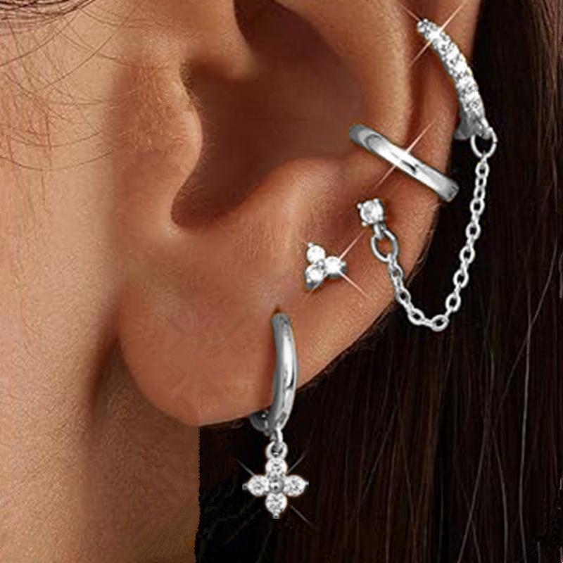 4PCS Double Piercing Chain Huggie Hoop Earring Lot For Women Tragus Stud Earrings Flower Cartilage Helix Jewelry Lobe Earing Set