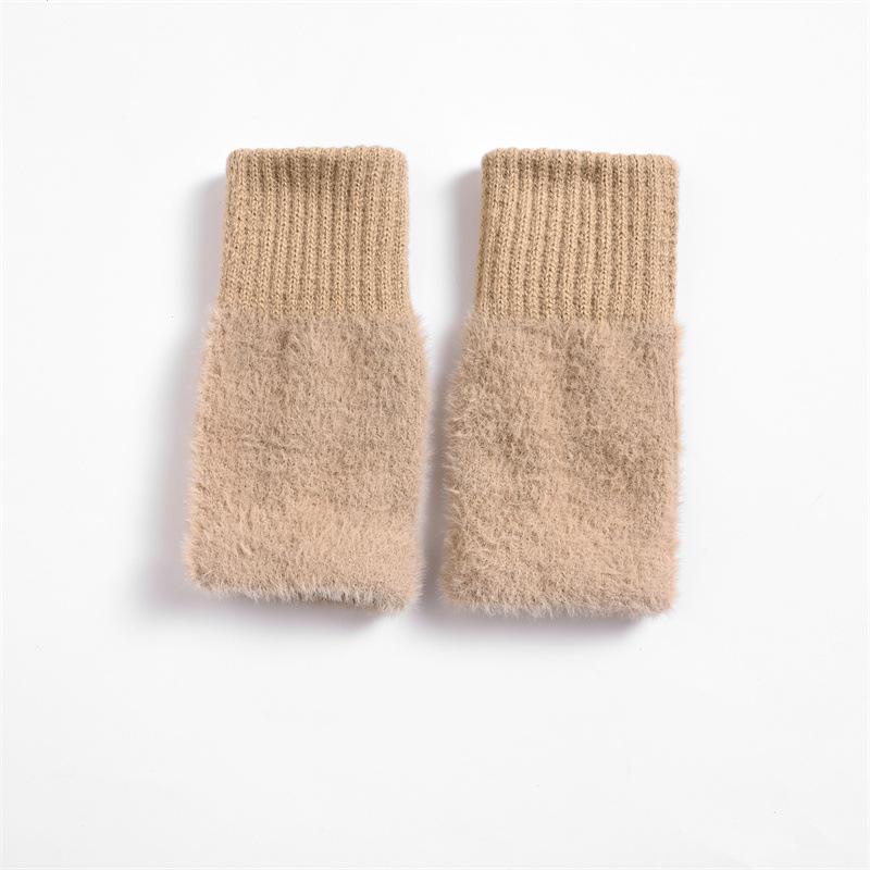 

Женские толстые шерстяные перчатки без пальцев в корейском стиле - искусственная норка, теплые и универсальные для осени/зимы One Size хаки