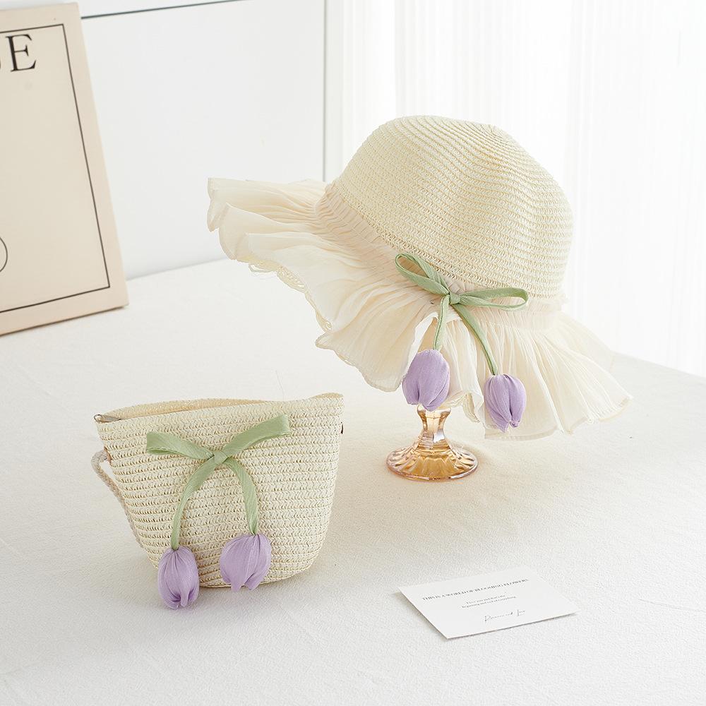 

Girl Summer Straw Sun Hat And Bag 2pcs/set Breathable Wide Brim Beach Cap Children Girls Bucket Hat for Sun Protection