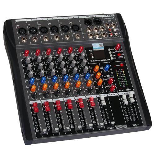 Depusheng DX6 DJ Sound Controller Interface with USB Drive and Computer Recording, 6-Channel Studio Audio Mixer - XLR Microphone Jack, 48V Power, RCA