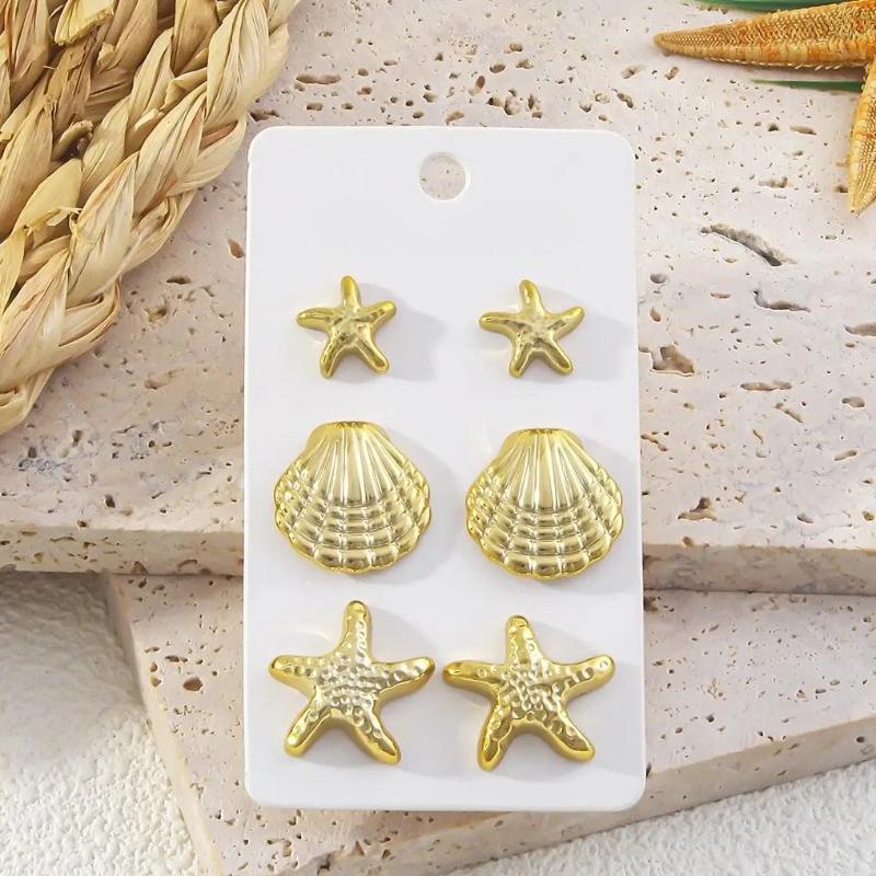 6 Pièces/ensemble Boucles d'oreilles Étoiles de Mer Dorées Imitation Coquillage Mode Fête de Plage Accessoires de Vacances Quotidien pour Femmes Zircon