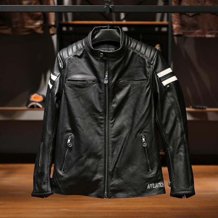 Stand-up collar first-layer cowhide leather jacket men's Harley two-bar locomotive leather jacket
