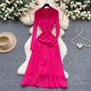 French Retro Turn-down Collar Long Sleeved Metal Buckle Dress for Women's Autumn Slimming Waist Knit Long Dresses