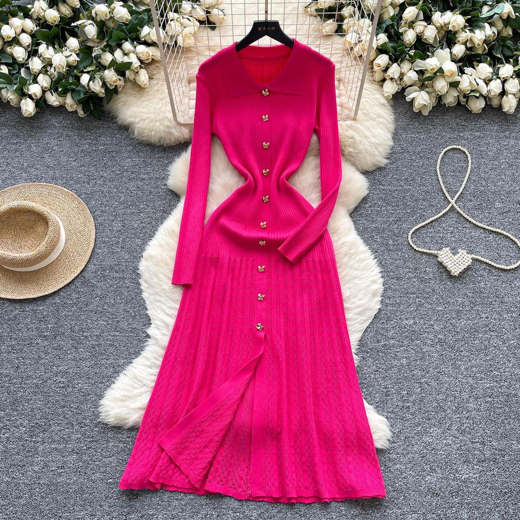French Retro Turn-down Collar Long Sleeved Metal Buckle Dress for Women's Autumn Slimming Waist Knit Long Dresses