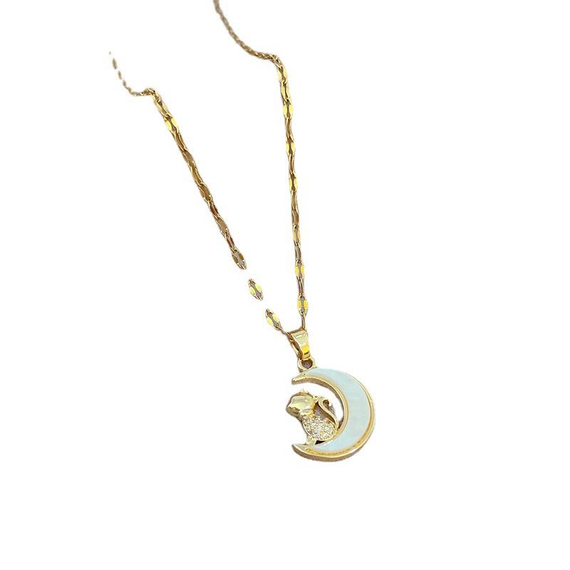 Leichter Luxus Voll Diamant Mikro-Eingefasster Zirkon Mond Perlmutt Kätzchen Halskette Kupfer Galvanisiert Echtgold Anhänger