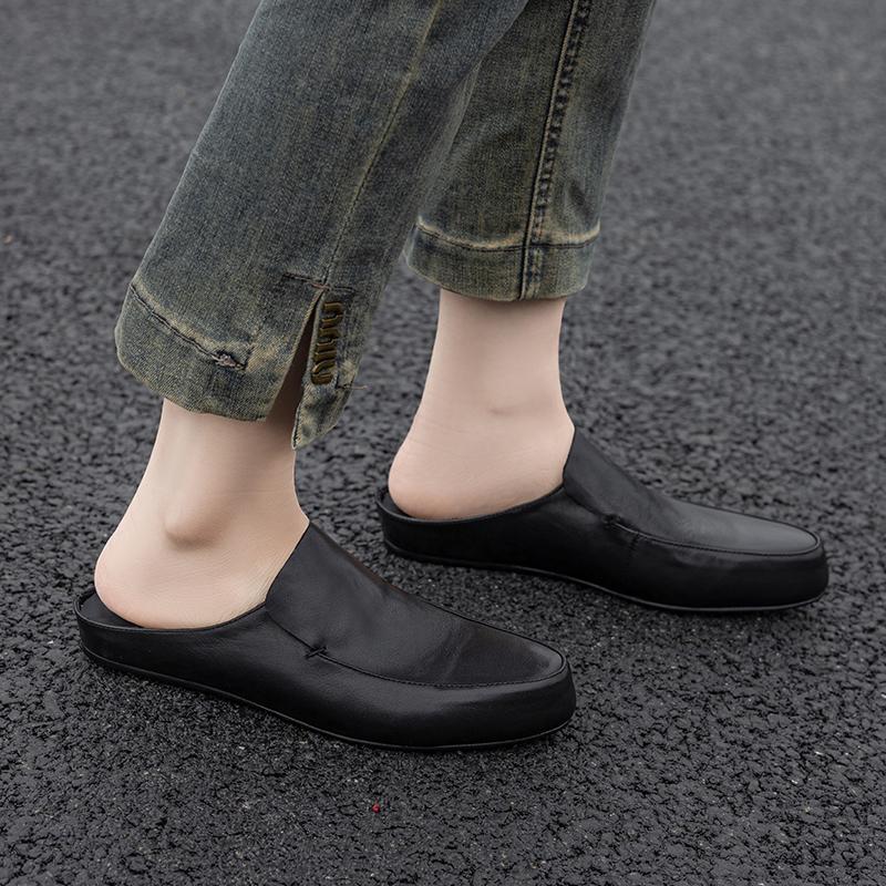 Fashion Round Toe Cow Leather Covered Toe Slippers Women Wedges Heels Leisure Soft Leather Mules Female Quality Brand Classic Slipper