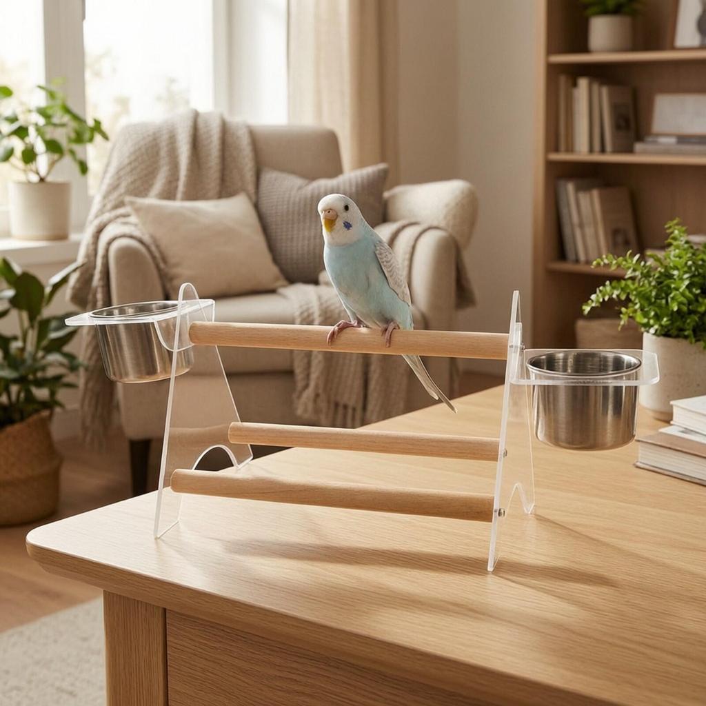 Parrot Play Stand with Cups Wooden Tabletop Bird Perch Compact for Counter