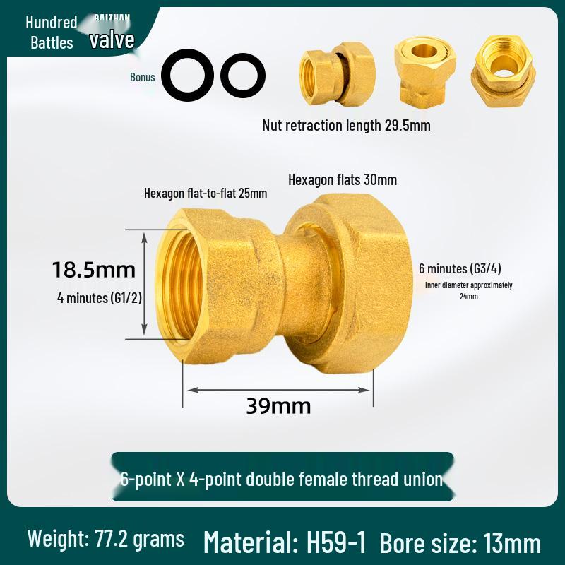 Reducing Copper Pipe Connector: Male/Female Threaded Union, 4 Points to 6 Points, 1 Inch