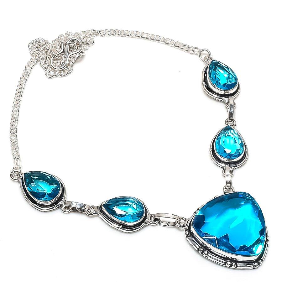 Natural Swiss Blue Topaz Gemstone 925 Sterling Silver Jewelry Necklace 18" T9L67