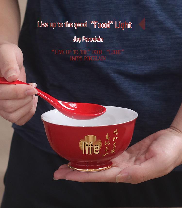 High-Temperature Underglaze Porcelain Longevity Bowl with Chopsticks and Spoon - Ideal Gift for 80th Birthday