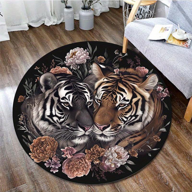 1Pcs Tiger Print Round Area Rug Indoor Non-Slip Washable Fiber Carpet Soft Comfortable Mat For Bedroom Living Room