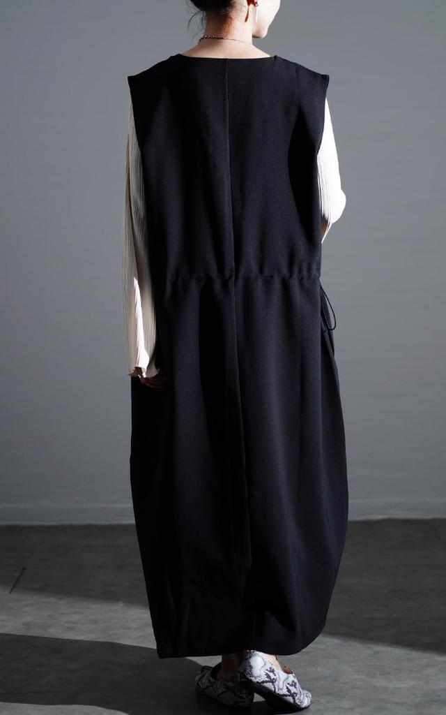 Goldfarbenes Japanisches Damen Plus Size Kleid, Latzrock, V-Ausschnitt, Kordelzug, Taschen, Stretch, Frühling, Herbst, Winter, Sommer, nw-24032, LL-3L, Schwarz