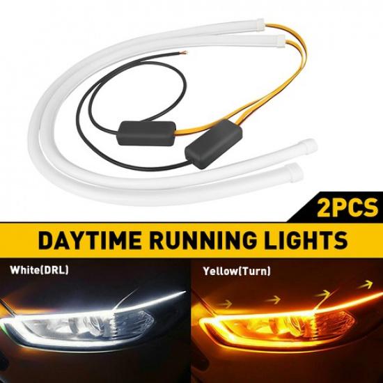 2x 60cm Flexible Car Switchback Headlight Tube LED Strip DRL Light Amber/White A