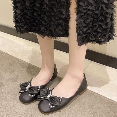 2024 Ballet Flats Shoes Women Bowknot Decor Leather Heeled Loafers Round Toe Slip-on Spring Autumn Fashion Casual Ladies Shoes