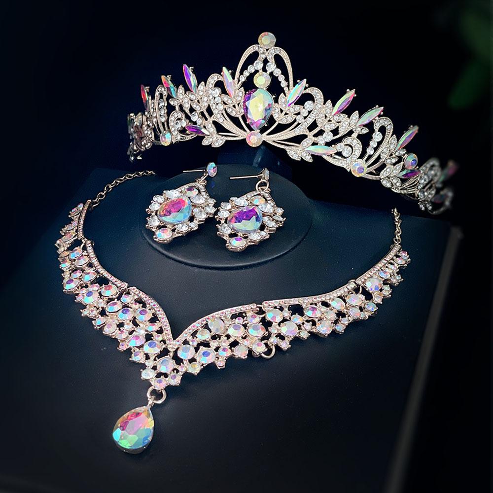 Goldene Farbe Brautschmuck Dreiteiliges Set Hochzeitskrone Tiara Halskette Ohrringe Koreanisch Super Fee Hochzeitskleid Accessoires black