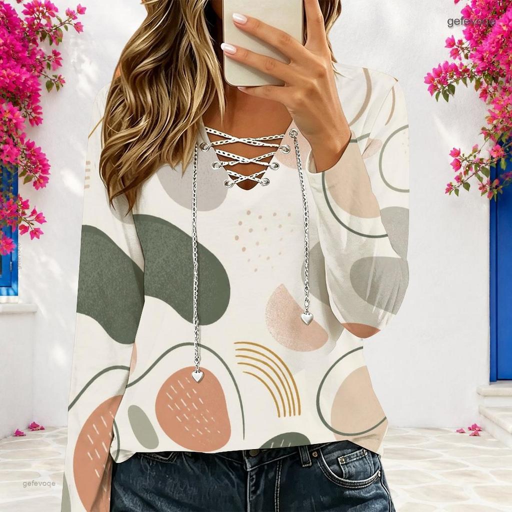 Women Plus Size V Neck Long Sleeve Eyelet Chain Lace Up Curved Hem Printed Top