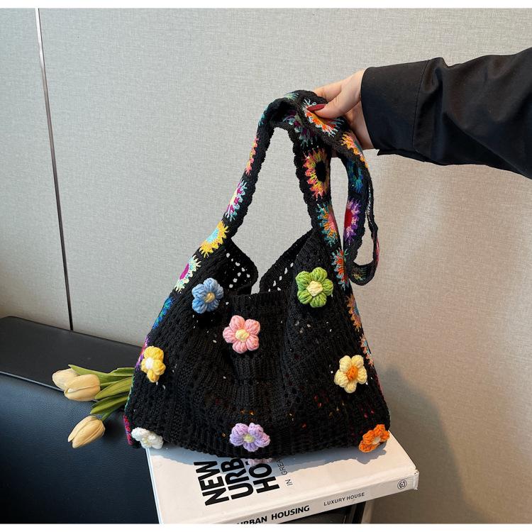 Wolle gewebte Sonnenblumen-Tasche Damen 2025 neu große Kapazität Umhängetasche klein frisch Urlaubs Messenger Bag