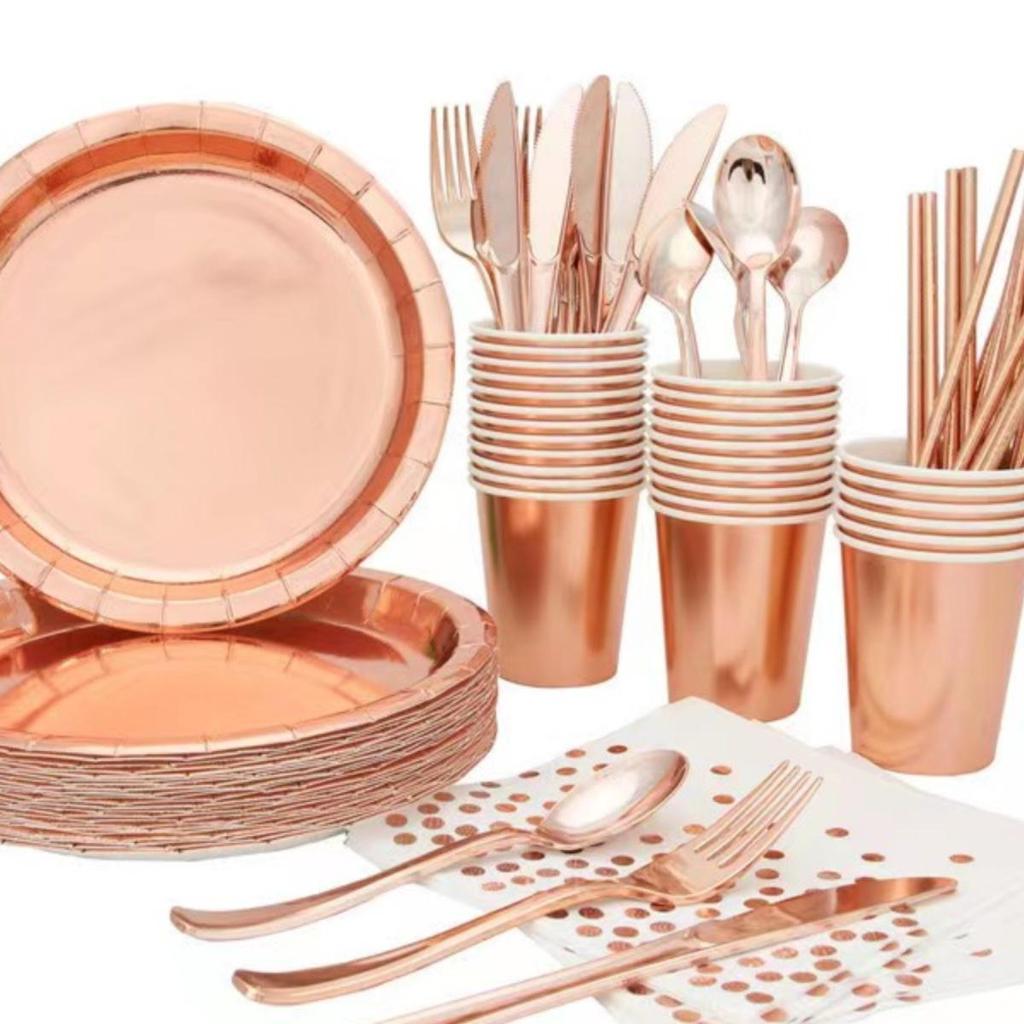 Gold Party Tableware Set: Rose Gold Plates, Cups, Straws, and Cake Dishes